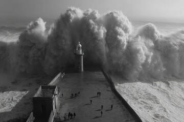 Powerful Waves Crashing Against Lighthouse