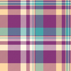 Vibrant plaid pattern featuring interwoven lines of purple, teal, and cream. Textile background for designs, crafts, fabrics, or digital paper textures. Cozy, retro style.