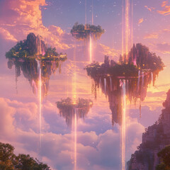 Fantasy landscape of floating islands with waterfalls and glowing light beams at sunset