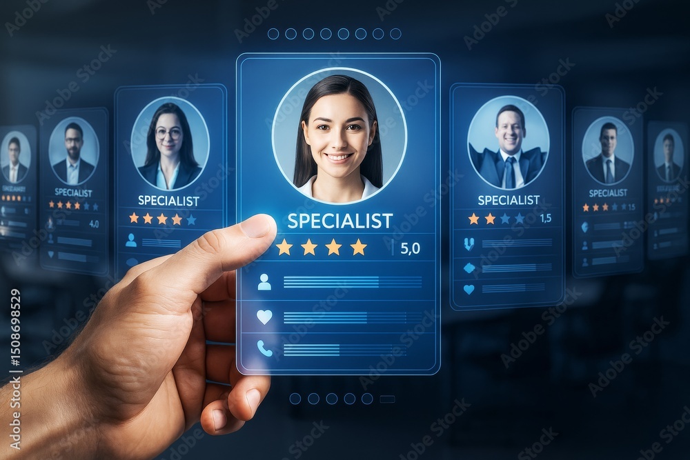 Poster businessman's hand selecting top-rated specialist from digital profile interface on abstract backgro