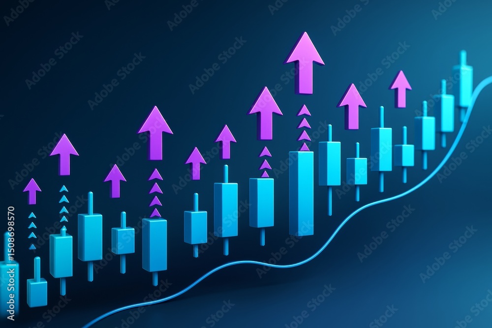 Poster abstract financial growth chart with blue candlesticks and purple arrows on a dark background showin