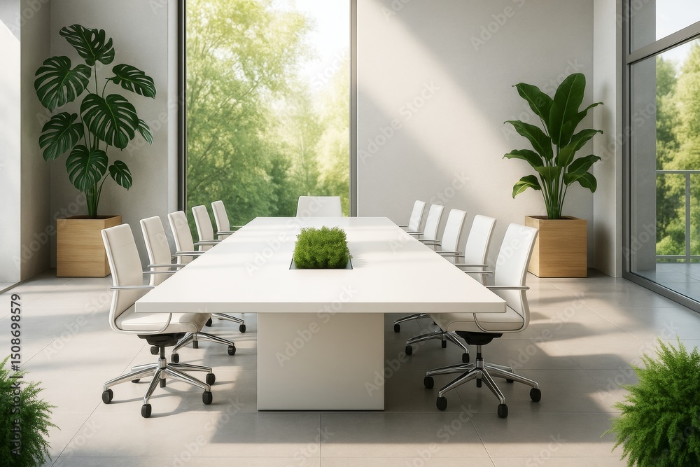 Aufkleber modern business meeting room with white chairs and minimalist table in bright office space with gree