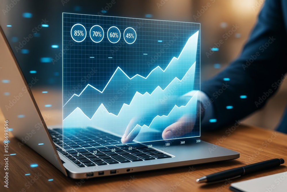 Poster Business analytics data chart displayed on laptop screen with futuristic interface and growth concept on light background in office environment.