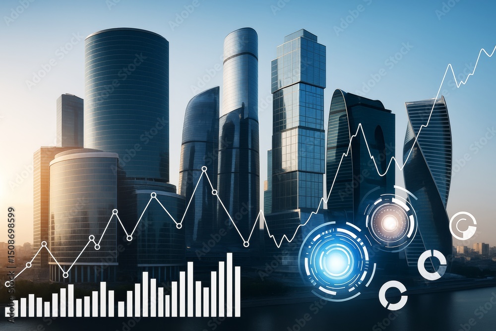 Poster futuristic city skyline with financial growth chart and digital interface elements in sunlight, symb