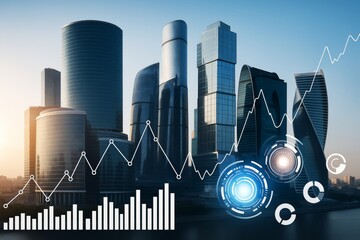 Futuristic city skyline with financial growth chart and digital interface elements in sunlight, symbolizing economic progress and business innovation.