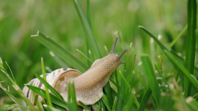 Close-up of a garden snail crawling through fresh green grass, with its antennae extended and shell partially visible