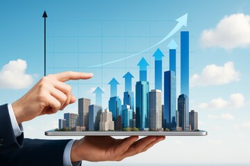 Businessman holding tablet with growing city skyline and rising bar chart arrows representing success and urban economic growth on blue background.