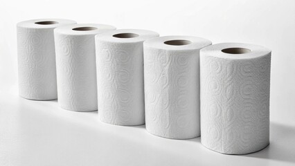 High-angle view of multiple rolls of white paper towels or toilet paper, likely 12x Handtuchrolle Einzelrolle Mini Premium 1-lagig 120m, showcasing their uniform appearance
