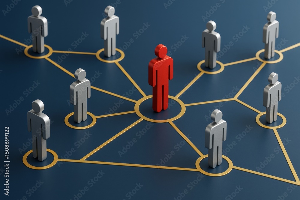 Poster Leadership and team network concept with red figure in center connected to silver figures on dark background showing business structure and communication.