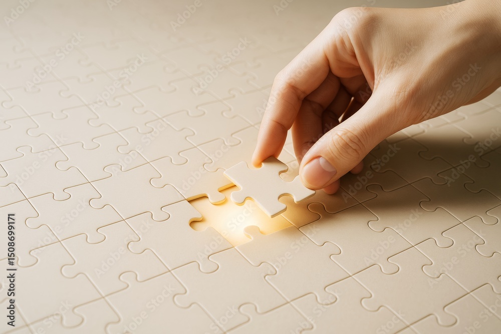 Poster hand placing last puzzle piece with glowing light on beige background, symbolizing solution, complet