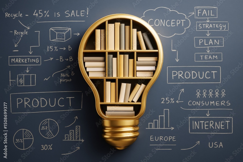 Poster golden light bulb-shaped bookshelf filled with books against chalkboard business background with mar
