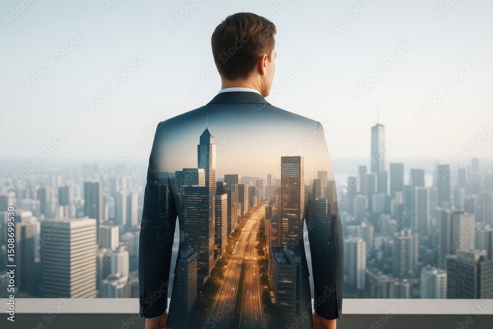 Poster businessman overlooking cityscape with double exposure of skyscrapers and roads symbolizing vision a