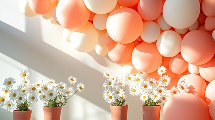 pastel coral and blush balloon arch with subtle gradients, elegantly curved near white daisies in clay pots, smooth matte stucco backdrop, diffused golden lighting adds warmth