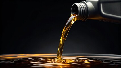 Golden "motor oil pouring" from a dark bottle of "Petronas Syntium 5000" against a stark black background, showcasing fluid motion, lubrication