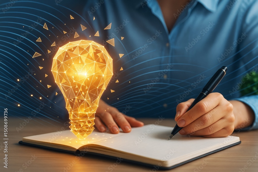 Poster person writing in notebook with glowing polygonal light bulb floating above, symbolizing innovative 