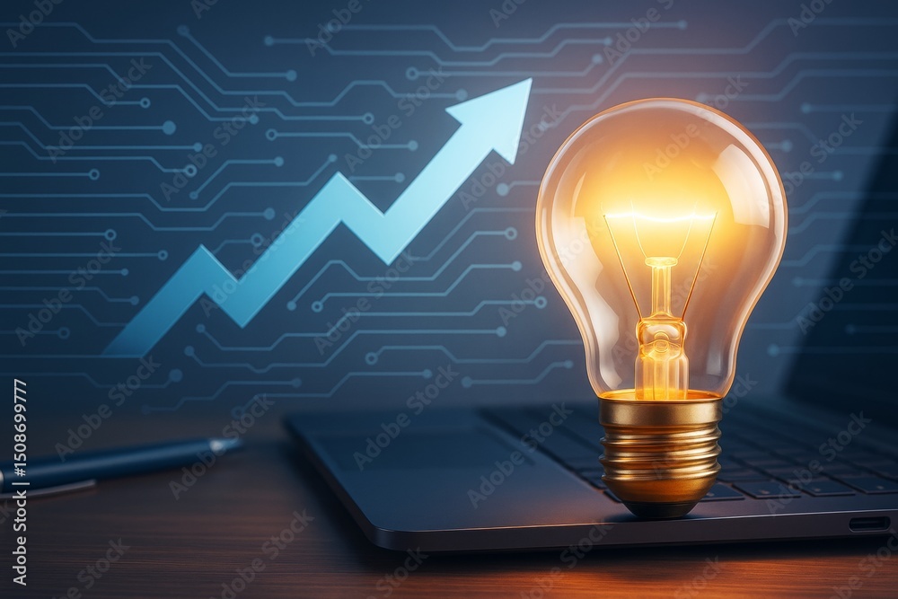Poster Glowing light bulb on laptop with upward arrow and circuit pattern on dark background symbolizing innovation and business growth concept.