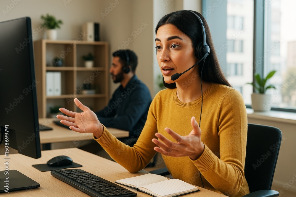 Aufkleber female customer support representative in headset talking during video call at modern office desk wi