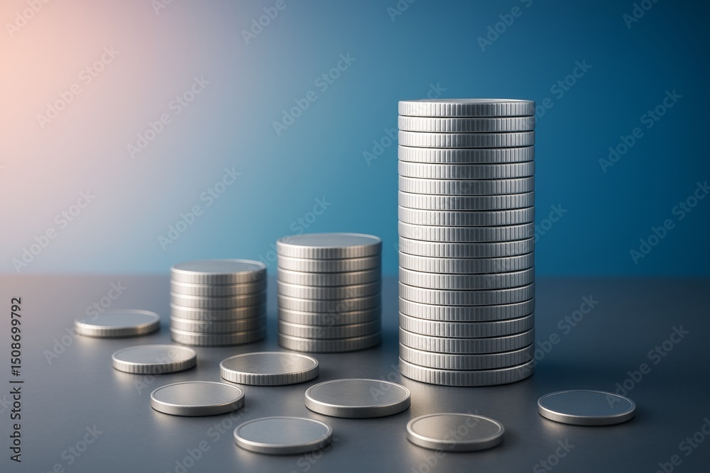 Poster Stacks of silver coins arranged in ascending order on a smooth surface with gradient blue light background, symbolizing financial growth and business success.
