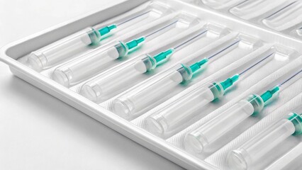 Rows of new, disposable syringes with green caps are neatly arranged in a white plastic tray, emphasizing mass immunization efforts, public health initiatives