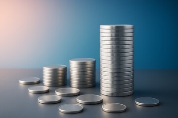 Stacks of silver coins arranged in ascending order on a smooth surface with gradient blue light background, symbolizing financial growth and business success.