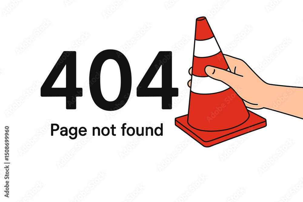 Poster creative 404 error page not found concept with traffic cone and hand icon, website maintenance alert
