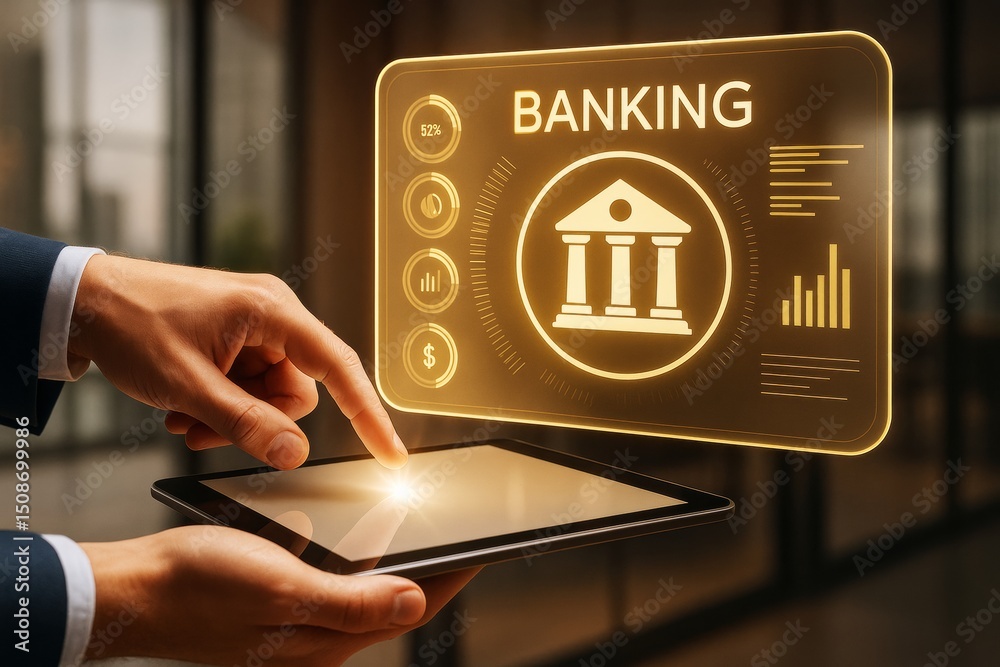 Poster businessman interacting with futuristic banking interface using tablet in modern office environment,