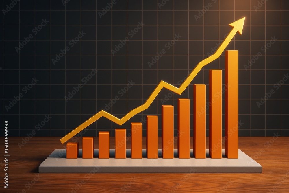 Poster business growth chart with orange bars and rising arrow on dark grid background with warm light on w