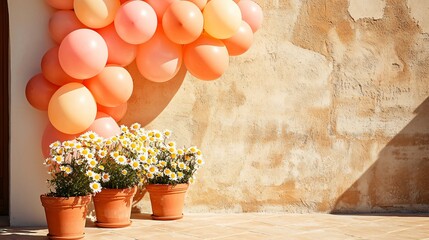 warm-toned blush and coral balloon arch with soft transitions, resting on matte cream surface, arranged in front of rustic potted daisies and warm stucco wall