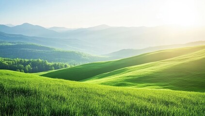 Fototapeta premium A serene landscape of rolling green hills and mountains, bathed in soft sunlight, creating an idyllic scene of nature's beauty.