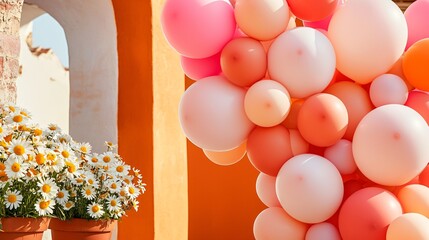 warm-toned blush and coral balloon arch with soft transitions, resting on matte cream surface, arranged in front of rustic potted daisies and warm stucco wall