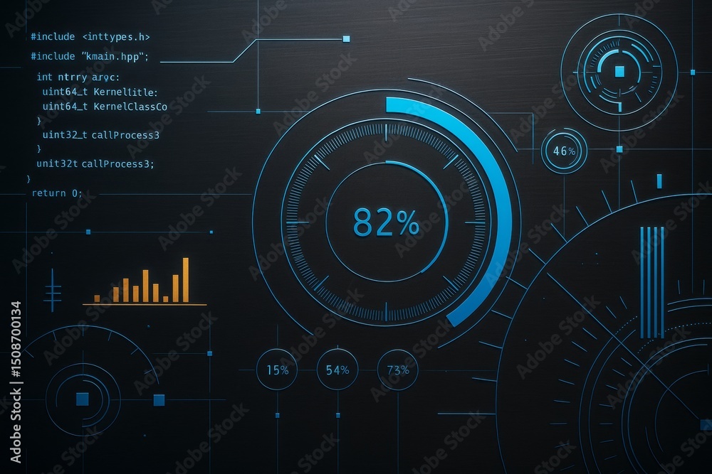 Poster Futuristic digital dashboard interface with circular progress indicators and code on a dark background for business technology concept.