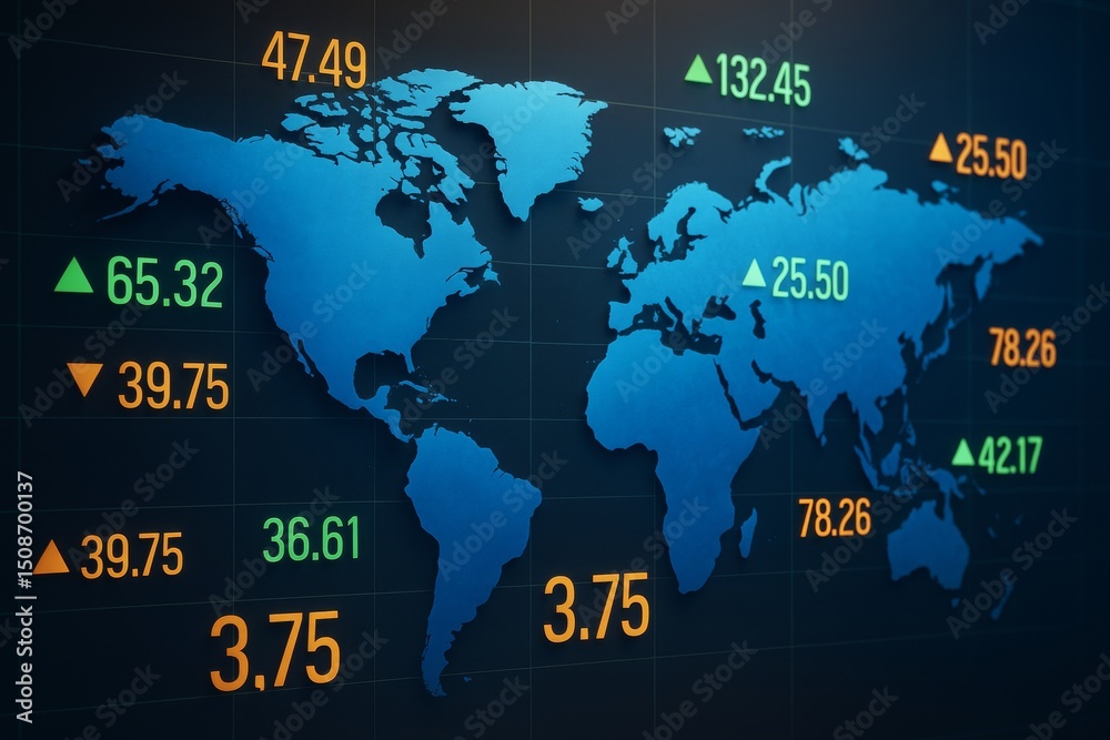 Poster Global stock market data with abstract blue world map and fluctuating index numbers on dark background for business concept illustration.