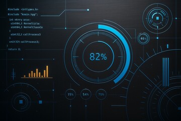 Obraz premium Futuristic digital dashboard interface with circular progress indicators and code on a dark background for business technology concept.