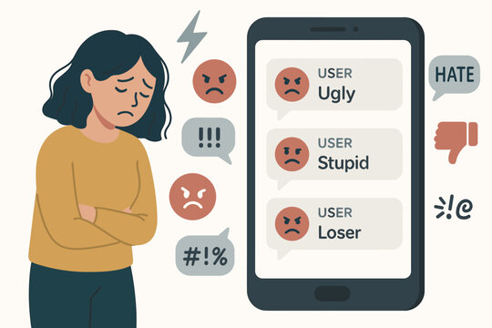 Cyberbullying Concept Illustration Showing Young Woman Facing Online Hate Speech, Insults and Harassment Through Social Media Messages, Digital Abuse and Negative Emojis