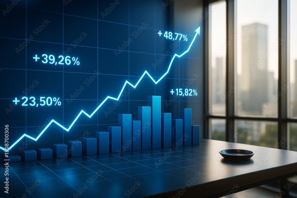 Poster Abstract business data chart with glowing growth percentages in modern office background with natural light and city view through windows.
