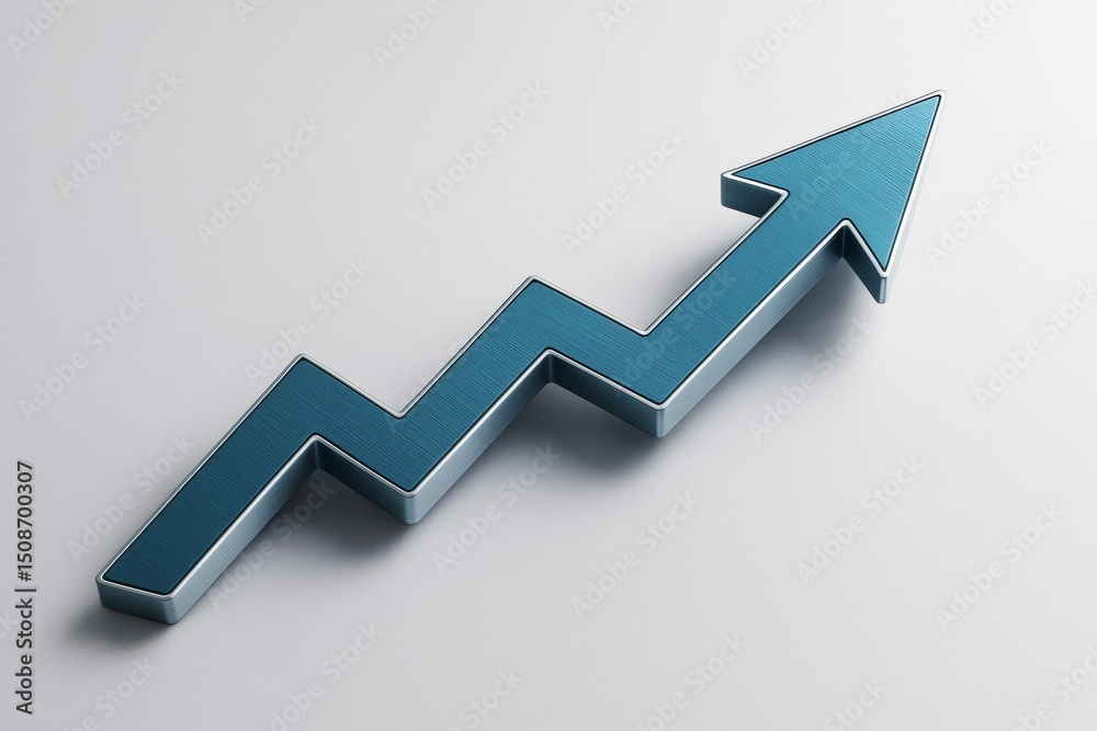 Poster metallic blue upward business arrow symbol with zigzag growth shape on light background representing