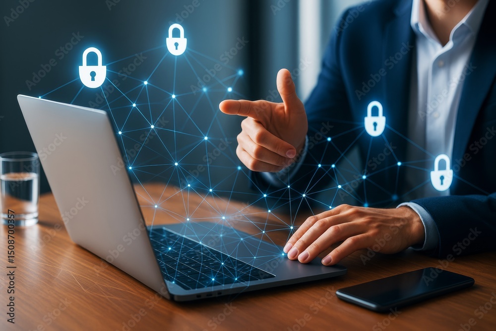 Poster businessman working on cybersecurity laptop with abstract digital padlocks and connections on dark b