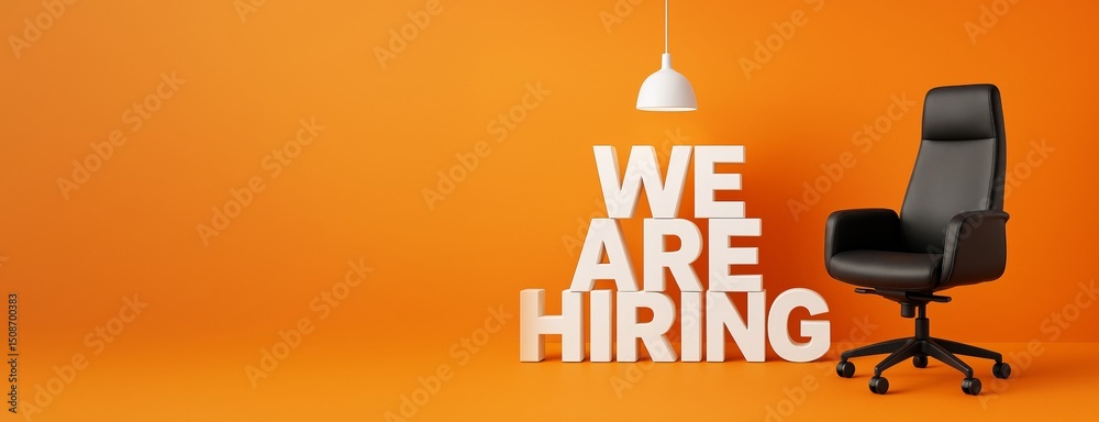 Poster we are hiring concept with empty office chair under lamp on vibrant orange background with bold text