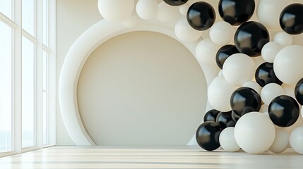contrasting black and white balloons arranged into a stylish arch, set against a clean cream surface, minimalistic soft-gray wall in background adds subtle texture and depth