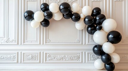 classic black and white balloon arch for modern event, evenly spaced on polished off-white tiles, framed by stucco wall in pastel gray hue with clean light direction