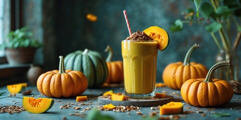 Fresh Delicious Vitamin Pumpkin Smoothie Studio Shot. With Vacant Area for Text