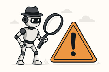 Detective Robot with Magnifying Glass Investigating Warning Sign, AI Detective Concept, Technology Investigation, Futuristic Search and Analysis Illustration