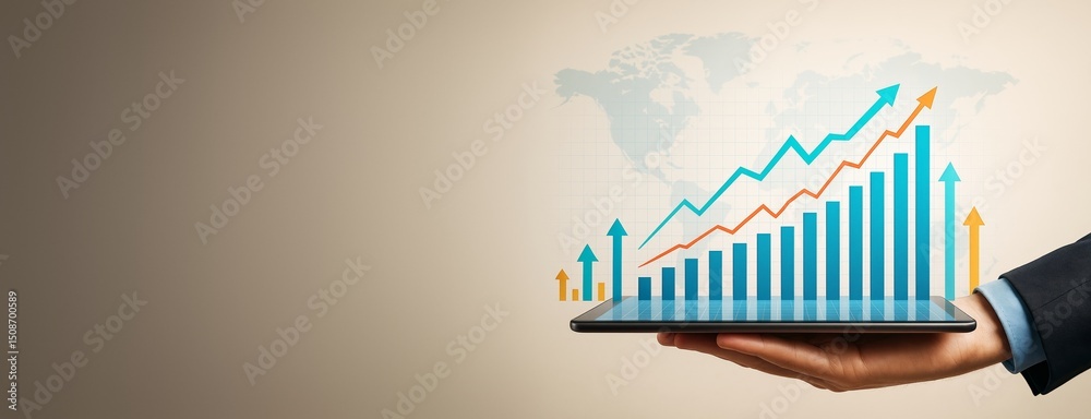Poster businessman hand holding digital tablet with rising bar and line charts showing financial growth on 
