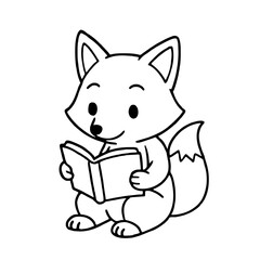 Cute cartoon fox reading a book line art