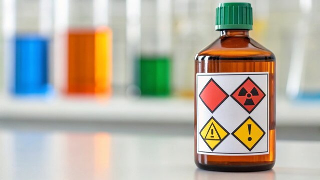 A brown glass bottle, labeled with "DMSO GHS label" hazard pictograms for flammability, health hazard, and exclamation mark warnings, stands prominently in a laboratory setting with colorful liquids 