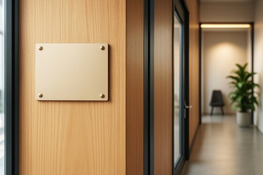 Blank metal sign plate on wood wall in modern office hallway with clean design and soft light, perfect for branding or business mockup display.
