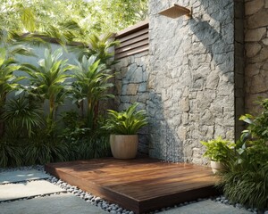 Outdoor shower surrounded by tropical foliage.