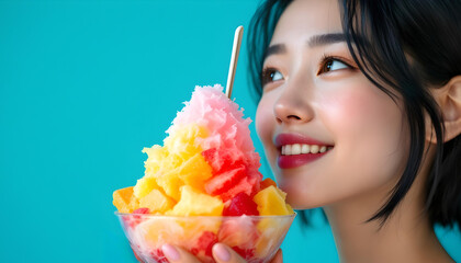 ファンタジーストーリー（真夏の青空と燦々と降り注ぐ陽射しの下、キラキラと輝くカラフルなかき氷を頬張りながら、無邪気な笑顔を浮かべる女性）