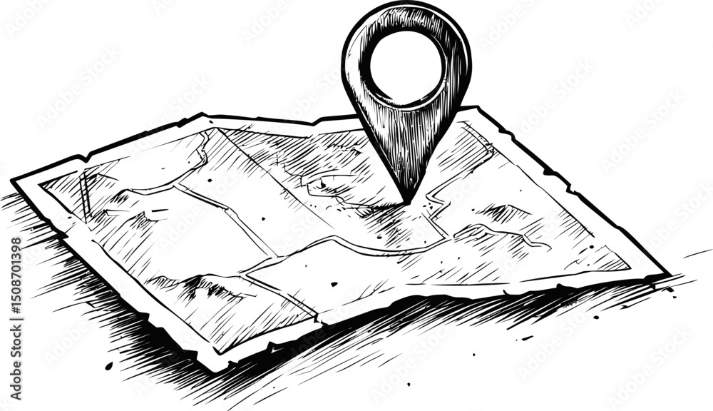Poster Hand-drawn map with location pin symbolizing navigation and adventure. Vector illustration