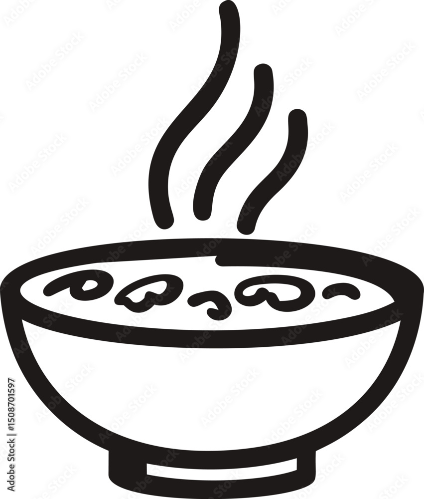 Poster line drawing of a steaming bowl of soup with noodles and steam lines. vector illustration
